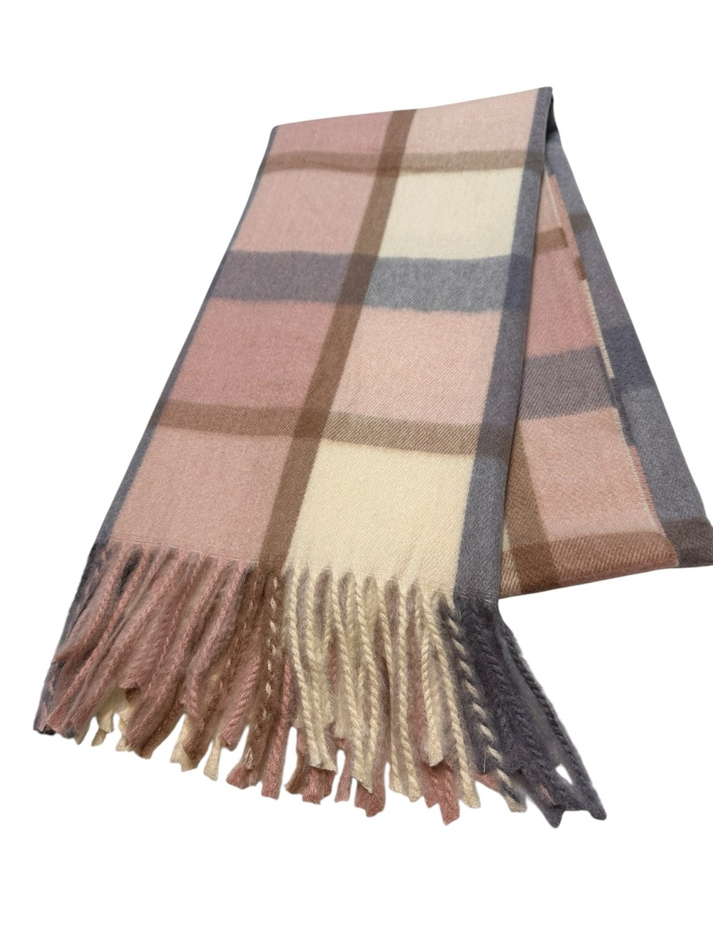 Pretty Persuasions Pink Gray Cream Plaid Scarf – Soft Fringe – 72"